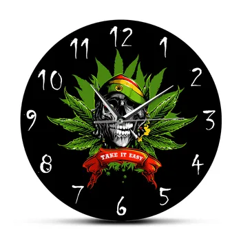 

Rastaman Skull TAKE IT EASY Printed Wall Clock Indian Hemp Skull in Rastaman Hat Watch Scary Halloween Horror Decor