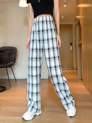 

HotNew Korean Women Plaid Casual Pants 2020 New Fashion Woman Wide Leg Ankle Length Pants Hip Hop Streetwear Female Pants