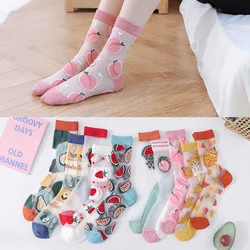 2 Pairs/Set Women's Kawaii Socks Summer Thin Crystal Glass Silk Tide Socks Strawberry Avocado Fruit Cartoon Socks 2021 New Trend