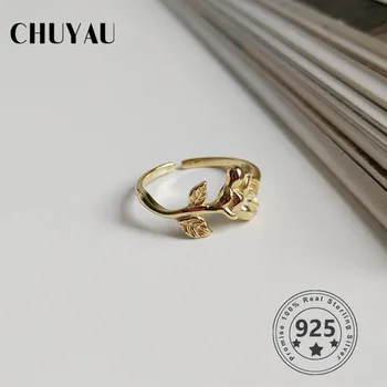 

Chuyau 925 Sterling Silver Rose Flower Rings Gold Color Adjustable Open Ring For Women Gift Fashion Fine Jewelry