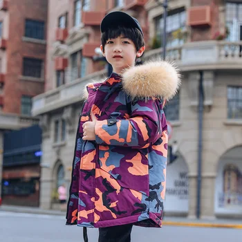 

Kids Boys Winter Down Jackets 10 12 years Camouflage Print Big Fur Hoodies Warm Outerwear