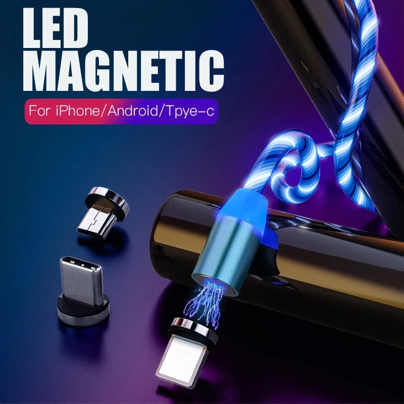 

1m LED Streamer Magnetic Cable Fast Charging USB Micro Charger For Samsung Type C Cord For Huawei Xiaomi Fast Charger For Iphone