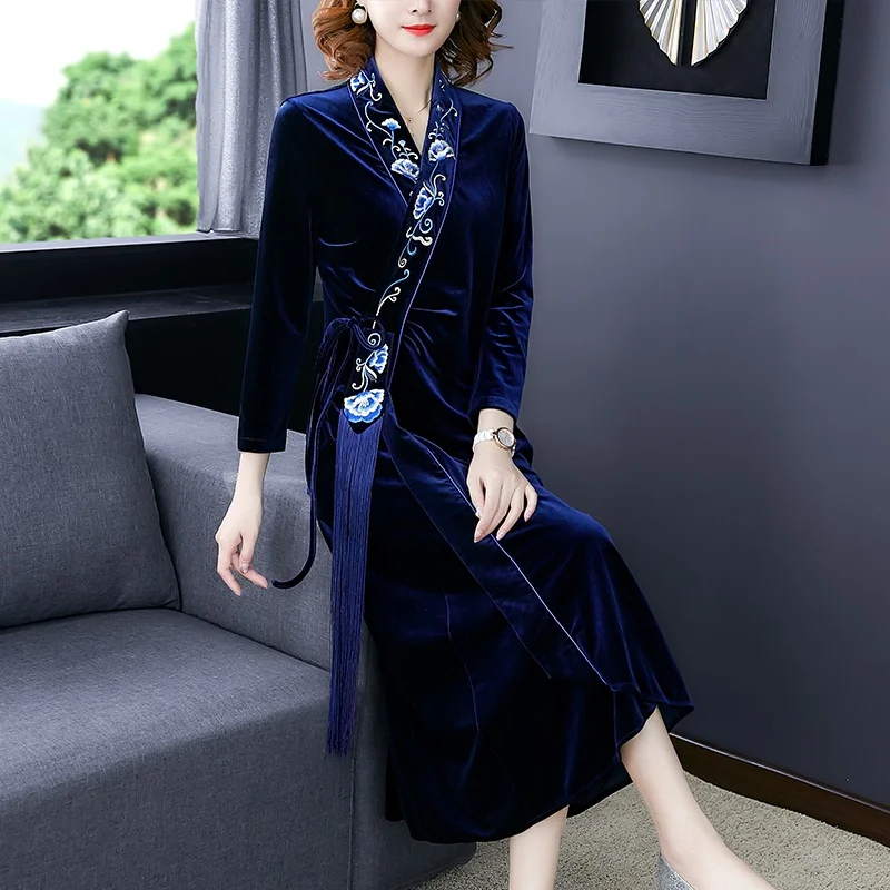 Велюровое вечернее платье, длинное, современное, китайское, Cheongsam Qipao, женское, вышивка, кисточки, длинный рукав, элегантное, китайское платье, TA2121