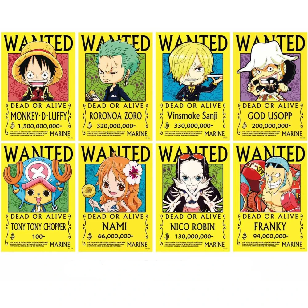 One Piece Q Version Wanted Posters Japanese Anime Poster Art Prints For Home Wall Decor Set Of 8 Pcs 11 5in X16 5in Name Sticker Aliexpress