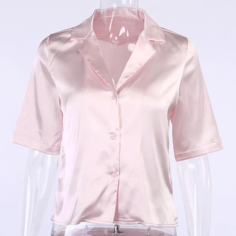 Ladies Work Wear Turn Down Collar Pink Female Satin Silk Pink Shirts Blouse Women Tops Blusas Femininas Elegant Short Sleeve Top