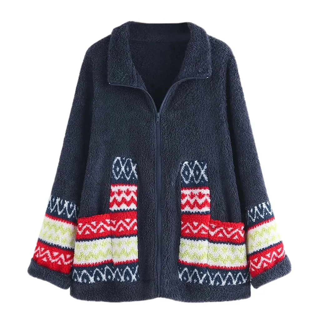 

JAYCOSIN Women Print Large Size Jacket Tower Lapel Pocket Plush Loose Casual Autumn Winter Jacket Soft Fabric Soft Comfortable