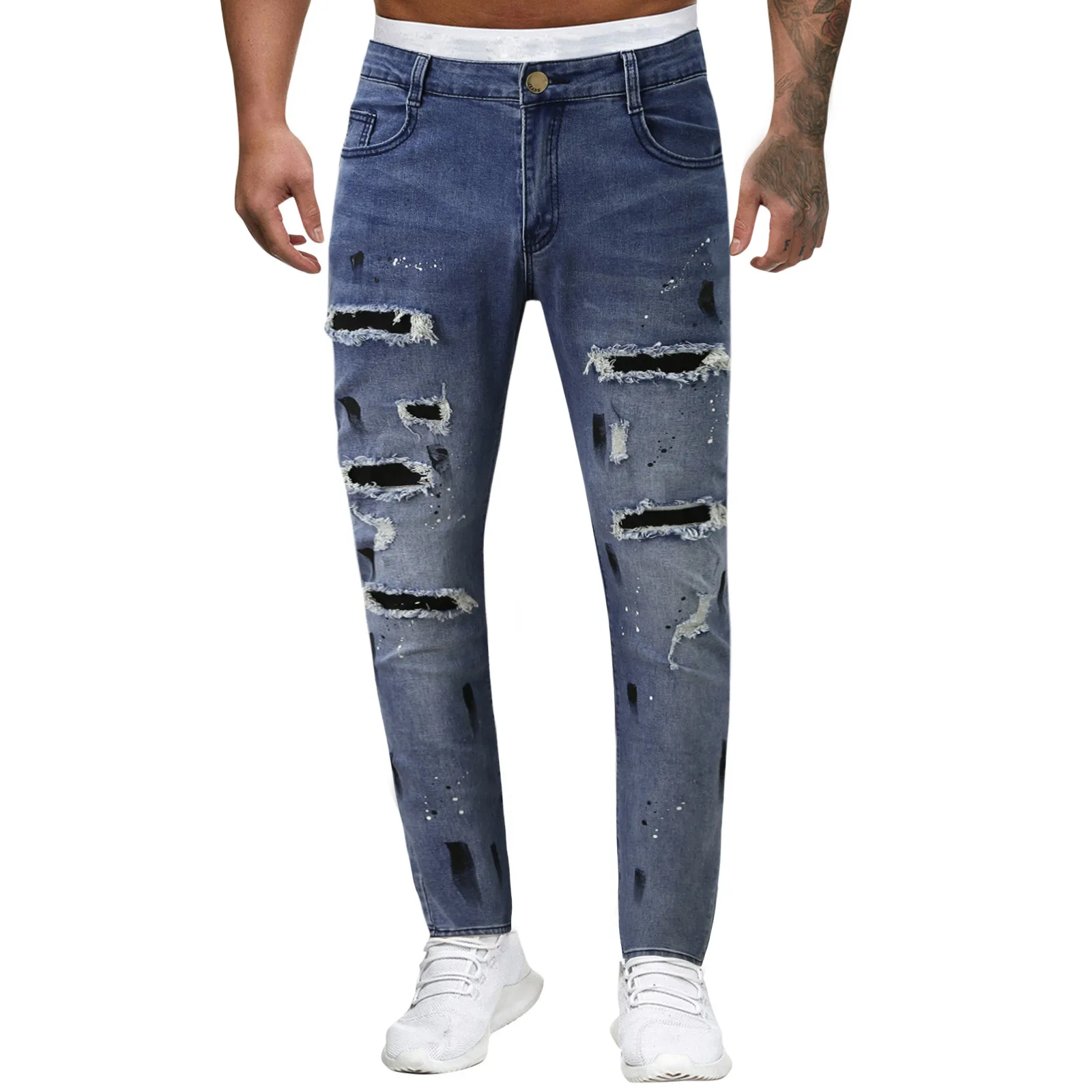 Dark Blue Jeans Men's Casual Jeans Solid Color Ripped Holes Frayed Gradient Washed Trousers Streetwear Hip Hop Style Jeans 1