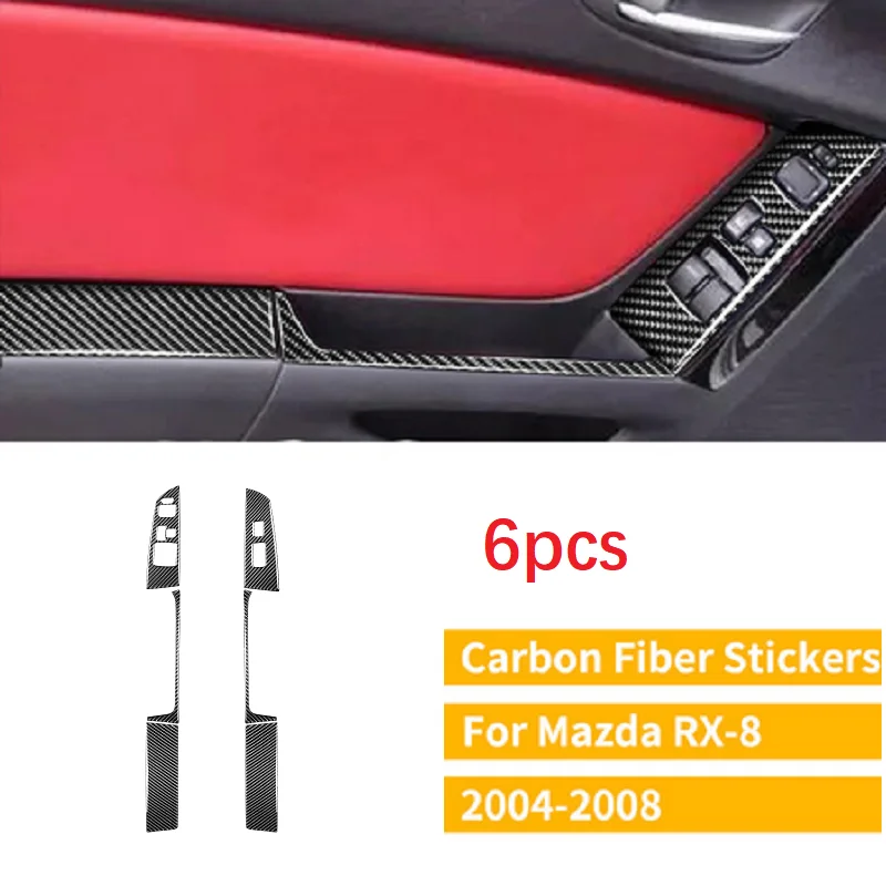 

6PCS Car Door Window Lift Switch Panel Frame Carbon Fiber Modified Trim Sticker Car Accessories For Mazda RX8 RX-8 2004-2008