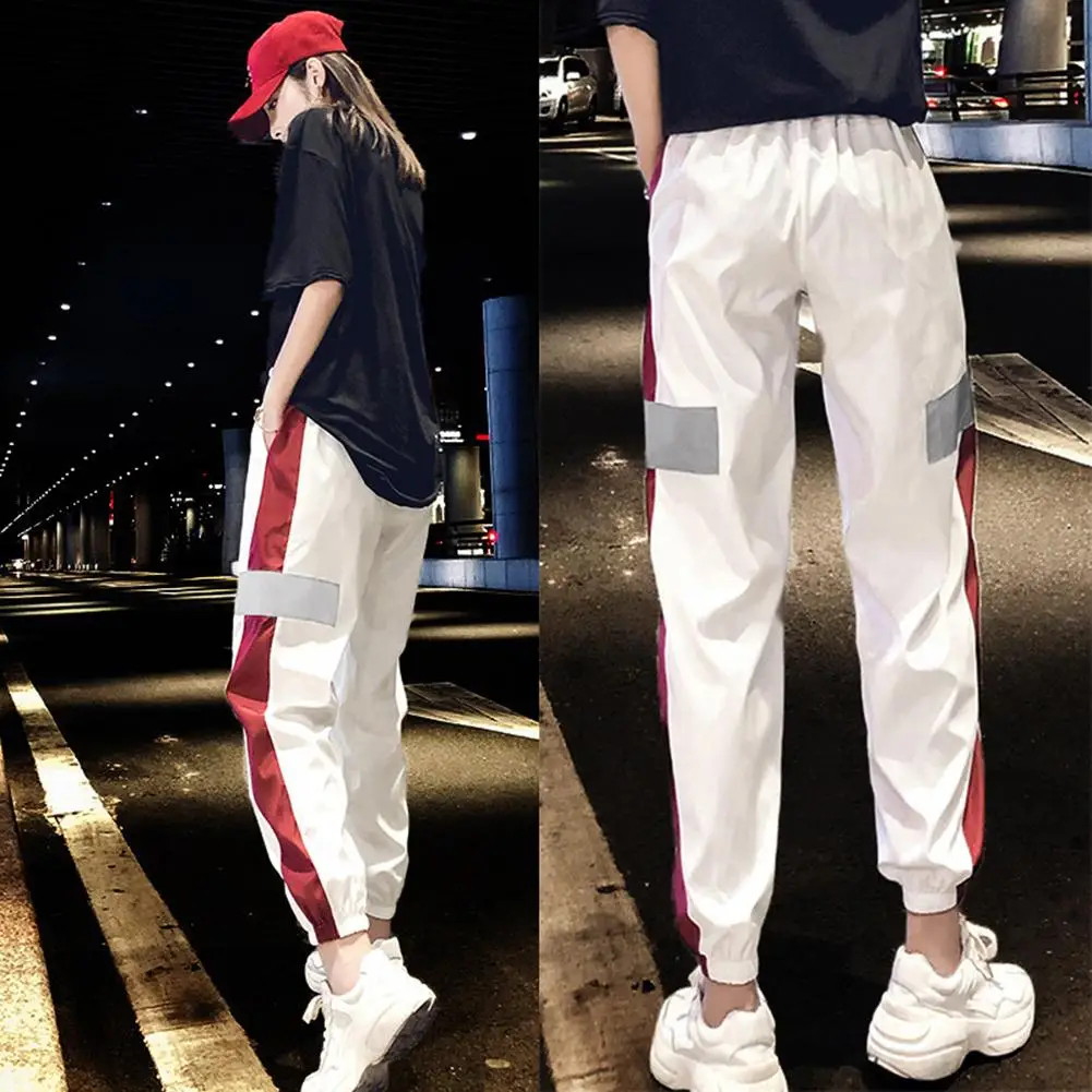 

Sports Pants Autumn Women Loose Reflective Stripe Drawstring two color choose Loose Sport Pants Hip Hop Trousers Streetwear