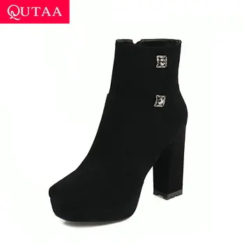 

QUTAA 2021 Ankle Boots Scrub Crystal Platform Square Toe Women Shoes Square High Heel Zipper Autumn Winter Short Boots Size34-43