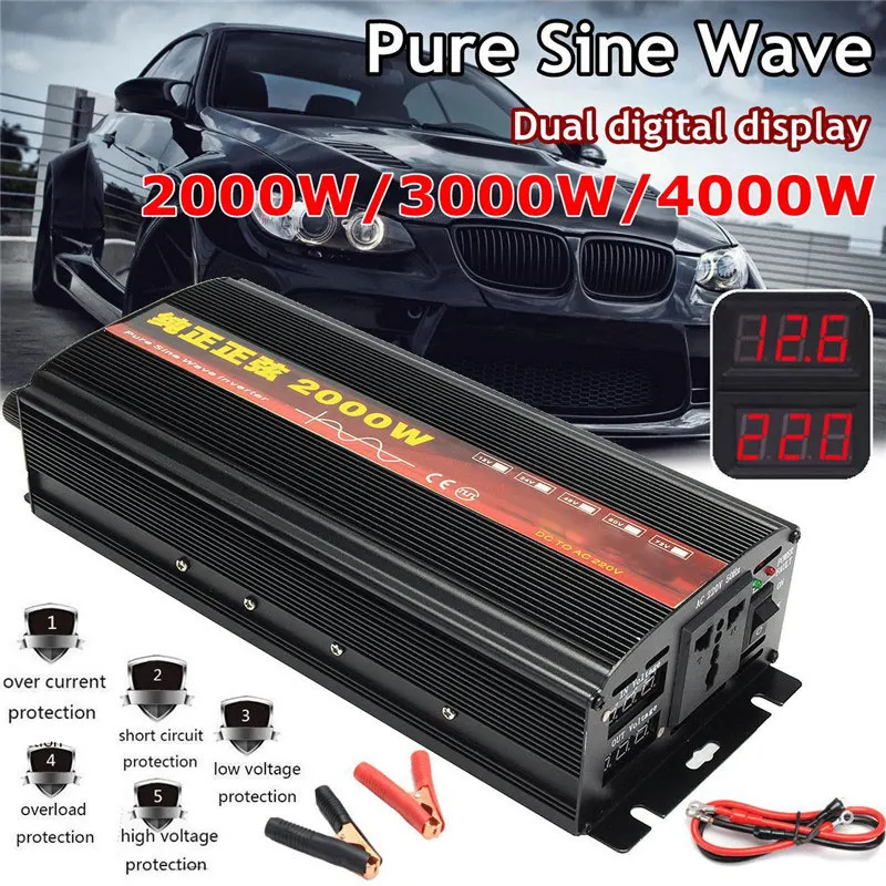 Инвертор 12 V/24 V 220V 2000/3000/4000W Напряжение трансформатор с немодулированным синусоидальным сигналом Мощность инвертор DC12V к переменному току 220V преобразователь+ 2 светодиодный Дисплей