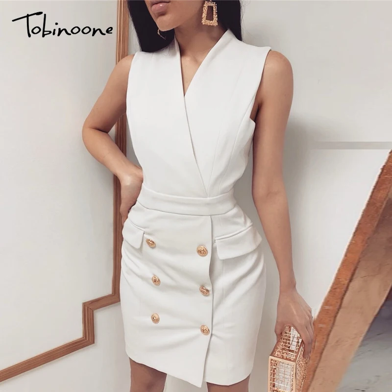 

Tobinoone v-neck women blazer dress Button sleeveless autumn office ladies dress Casual white female short dress party vestidos