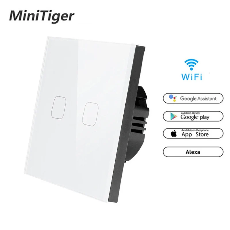 Minitiger Tuya/Smart Life/ewelink Wi-Fi 1 банда 1 позиционный переключатель Хрустальная стеклянная панель сенсорный настенный переключатель умный дом автоматизация беспроводной - Цвет: WiFi White 2gang