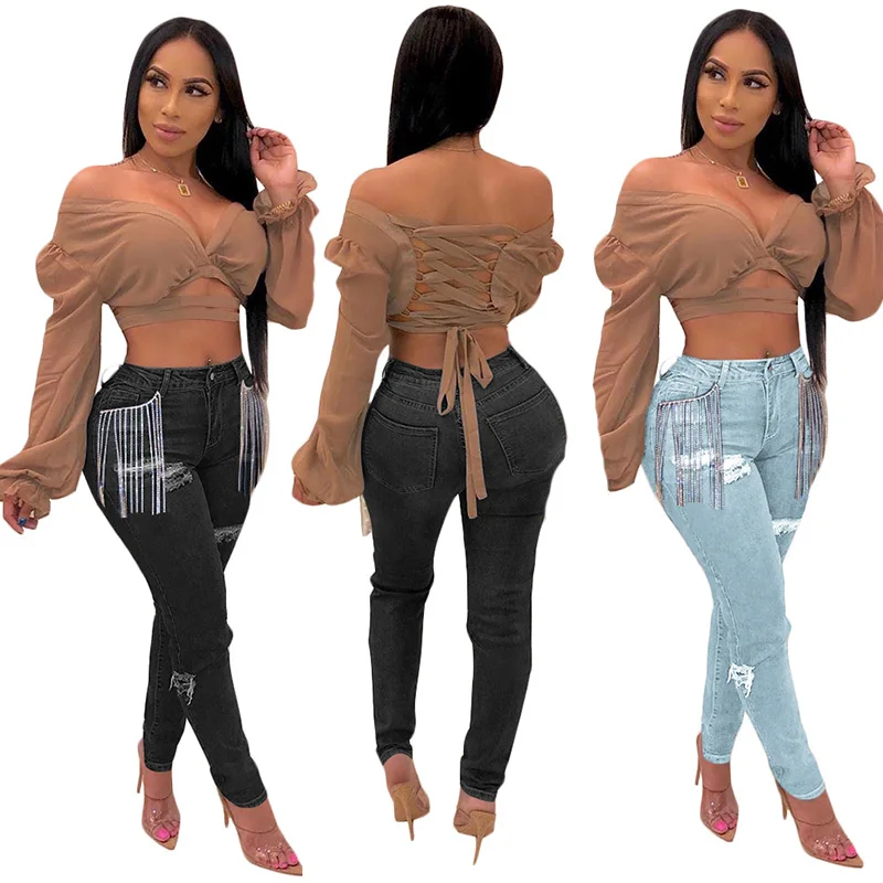

Jeans Solid Color Hollow Out Tassle High Waist Button Tight Pencil Pants 2020 Women Winter Clothes Undefined Casual Streetwear