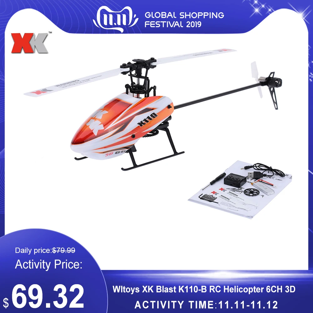 

Wltoys XK Blast K110-B RC Helicopter 6CH 3D 6Gyro System Brushless Motor Mini Helicopter BNF Version without Remote Controller