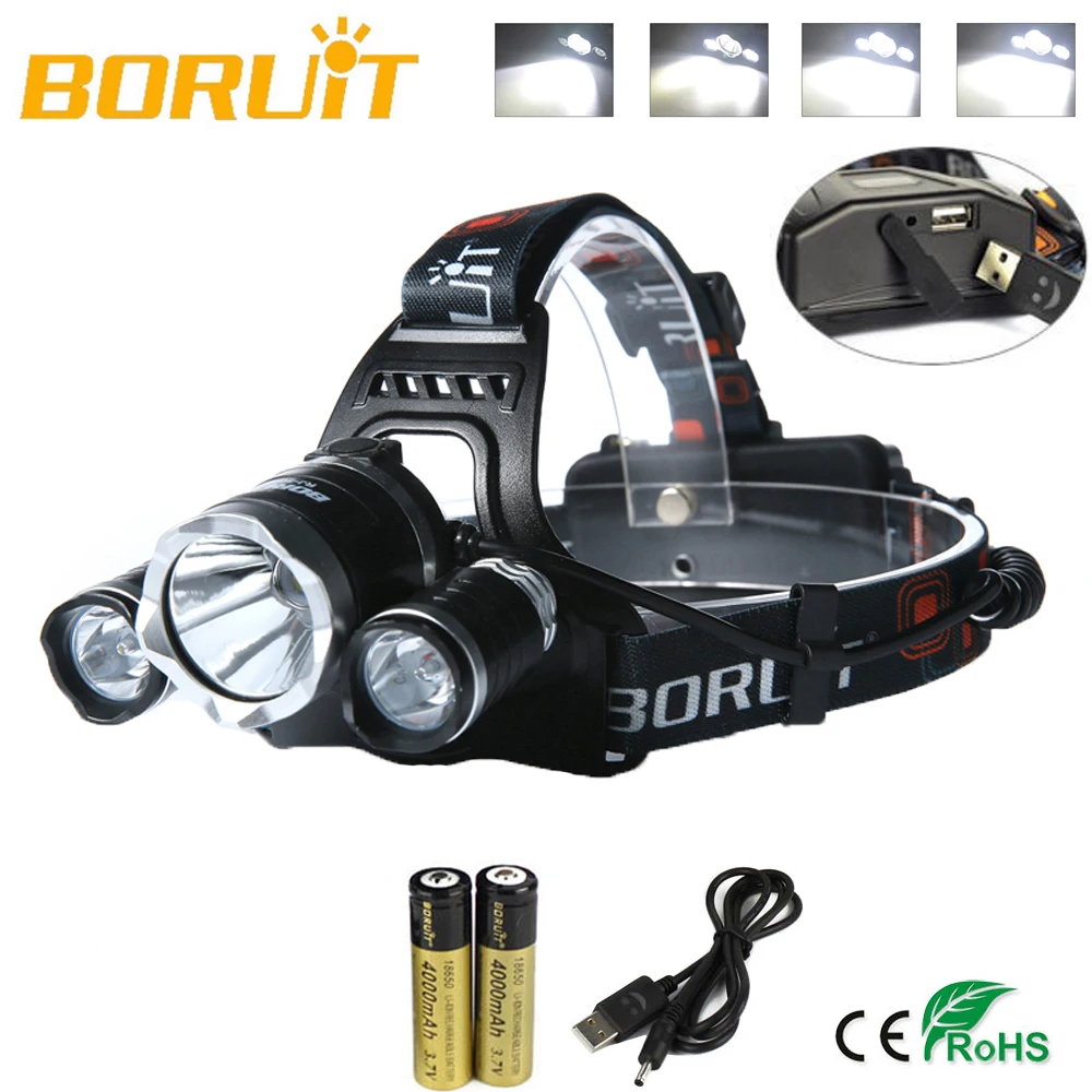 BORUIT 5000Lm 3X XM-L T6+2R2 LED Headlamp Headlight Head Light 4-Mode Power Bank  bu
