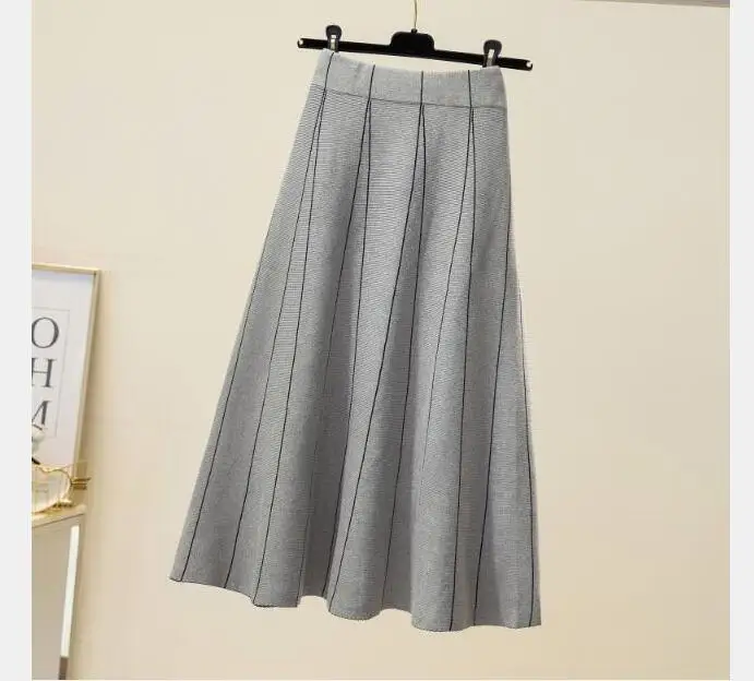 leather skirt 1pcs/lot High-waist knitted skirt autumn winter new loose mid-length long warm striped skirt red skirt