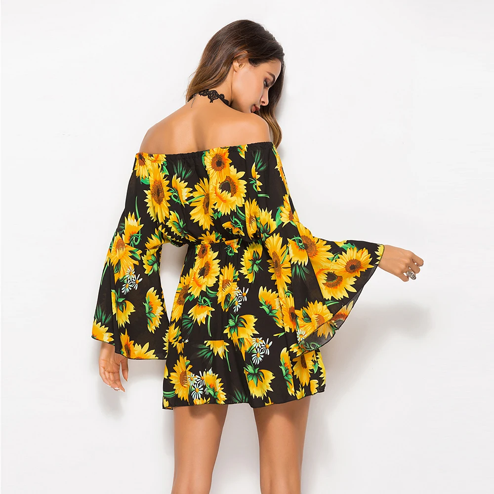 Женское платье, новинка, шифоновое платье с цветочным принтом, летнее, сексуальное, с открытыми плечами, в стиле бохо, с расклешенными рукавами, короткие, вечерние, пляжные платья, мода