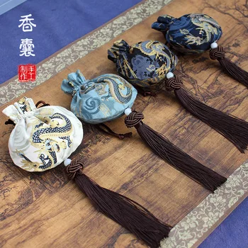 

Chinese Style Gold Stamping Jewelry Storage Bag Handmade Vintage Dragon Pattern Sachet Lucky Jade Tassel Drawstring Bag Gift