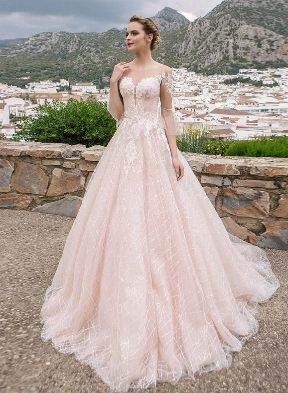 picture color Блестящие Розовые Свадебные Платья Vestidos De Noiva с коротким рукавом и пуговицами на спине, с жемчужной аппликацией, свадебные платья Mariage - Цвет: picture color