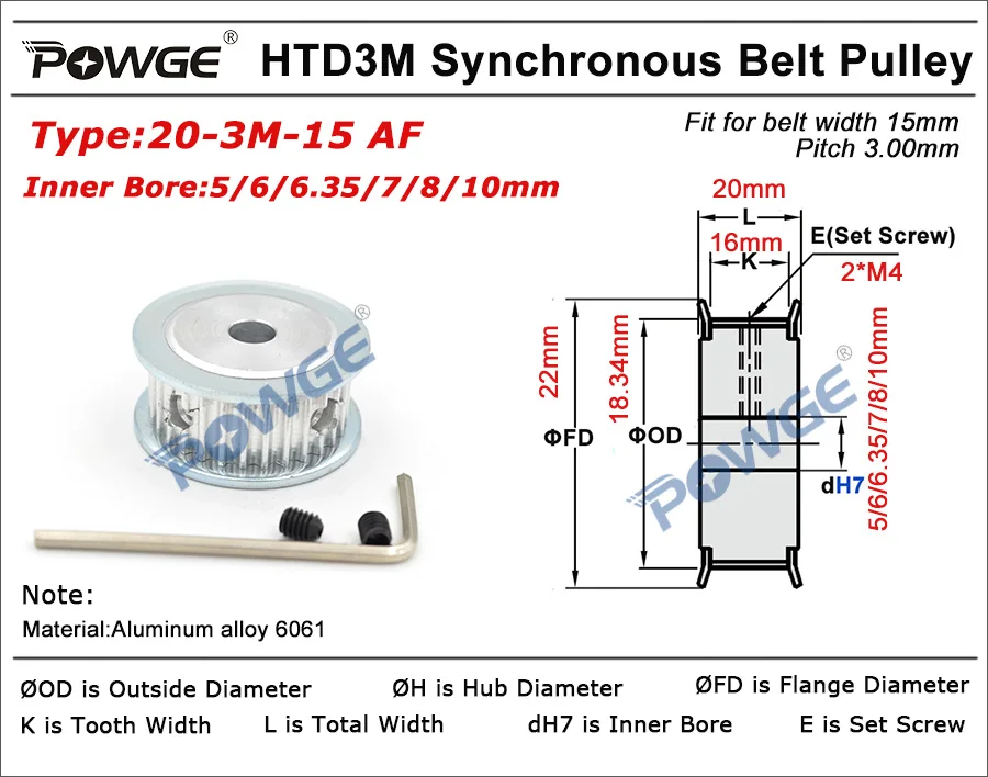 POWGE дуги HTD 3 м зубчатый шкив 20teeth диаметр 4/5/6/6,35/8/10 мм для Ширина 15 мм 3 м Синхронный Ремни HTD3M шкив 20 T 20 Зубы