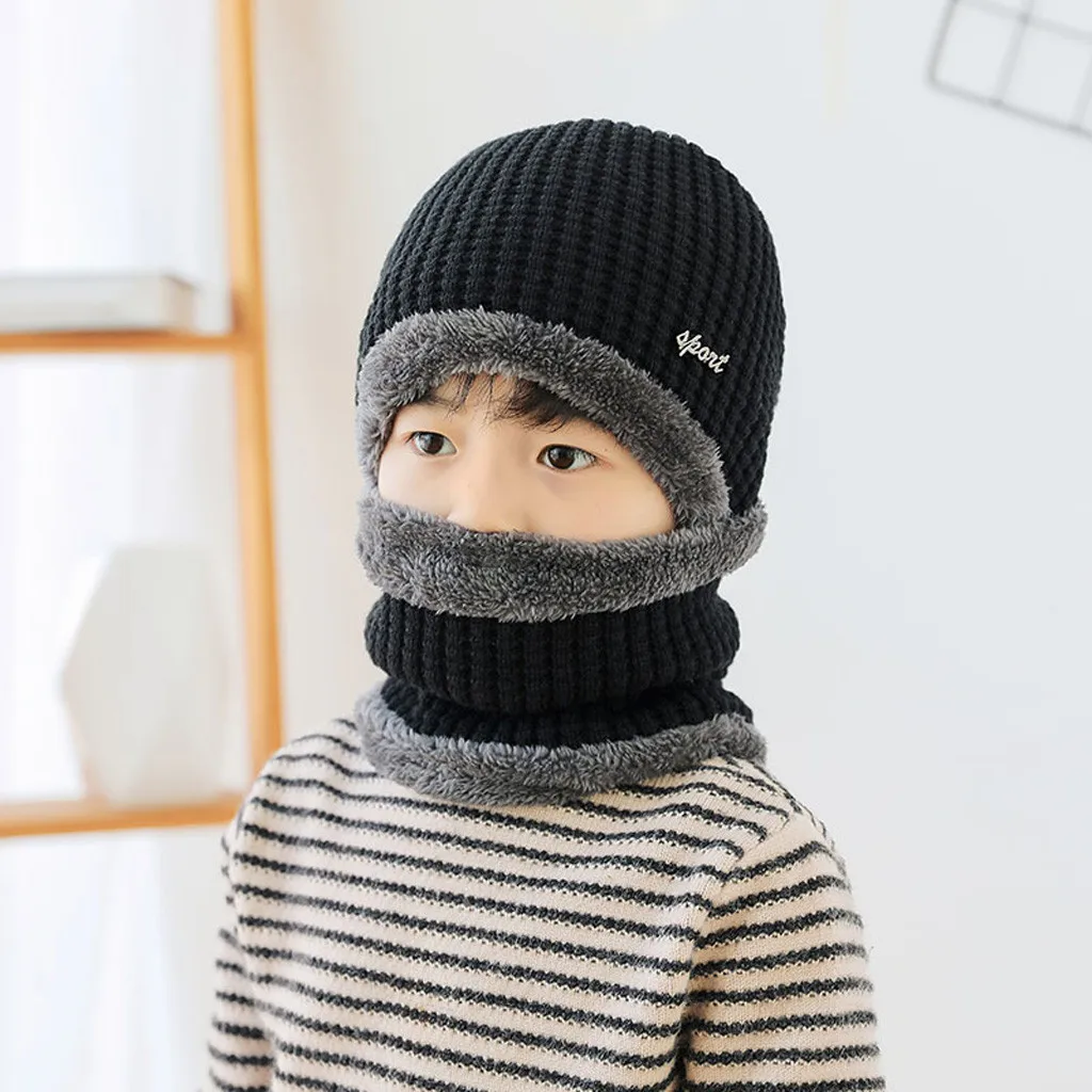 Модная зимняя шапка из флиса контрастных цветов, вязаные теплые зимние шапки для детей, шапка+ шарф, комплект из двух предметов
