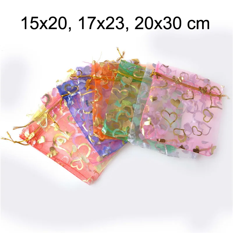 100 Pcs/lot 15x20, 17x23, 20x30cm Multicolours Golden Love Heart Drawstring Organza Bag Christmas Packaging Pouch Nice Gift Bags