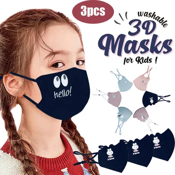 

3pcs Kids Cartoon Print Adjustable Washable Safet Protect Haze Face Mask Face Cover Mouth-muffle Mascarillas Masque