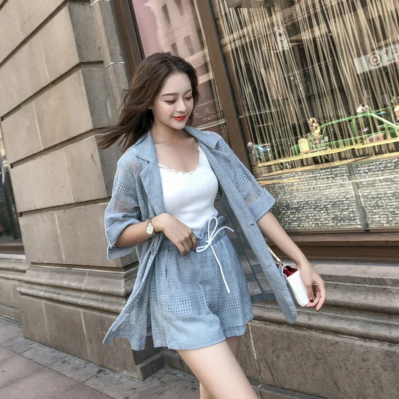 

Playful WOMEN'S Suit Summer 2019 New Style Fashion Haze Blue Hollow out Loose-Fit Suit Wide-Leg Shorts Online Celebrity Two-Piec