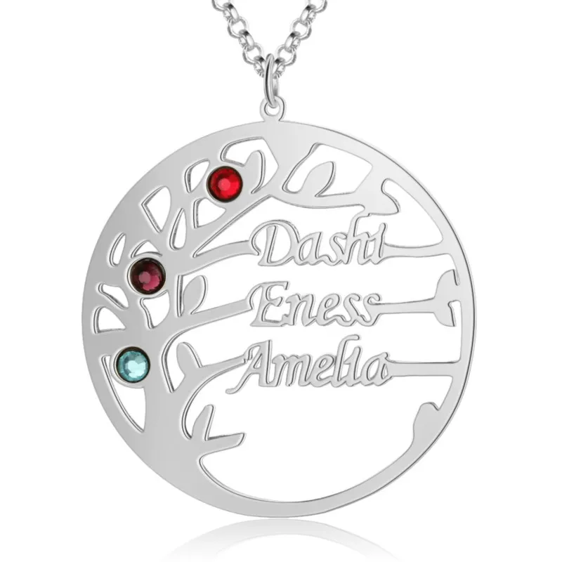 Персонализированные ожерелья с именем модное дерево кулон пользовательские названия камни по месяцу рождения обещанные гравированные ювелирные изделия Подарок на годовщину для женщин - Окраска металла: Sliver color