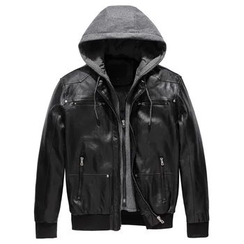 

Leather Hooded Jacket Men Motorcycle Jacket Detachable Hood Zipper Coat PU Faux Leather Jacket Men