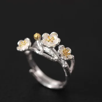 

Acecare S925 silver Chinese style handmade flower ring temperament fresh national wind plum blossom opening adjustable ring