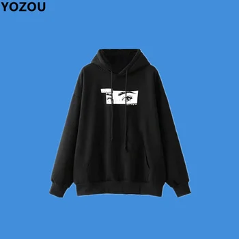 

Harajuku high street oversize hooded sweatshirt hoodies women black hoodie eyes pattern printting casual fleece hoodies female