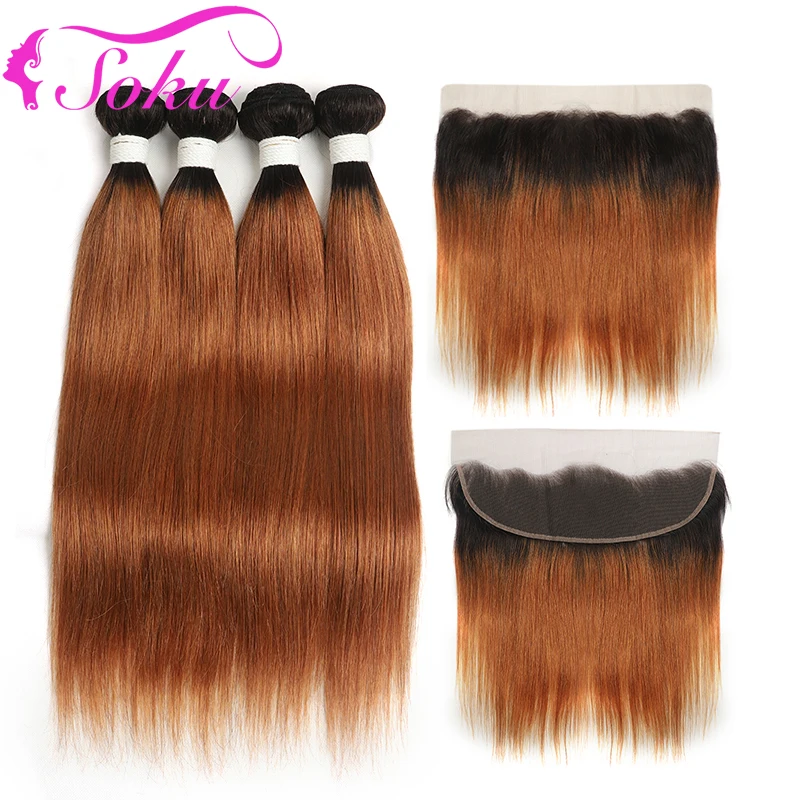 Brazilian Straight Human Hair Bundles With Frontal 13x4 SOKU T1B/30# Ombre Brown Hair Weave Bundles With Closure Non-Remy Hair