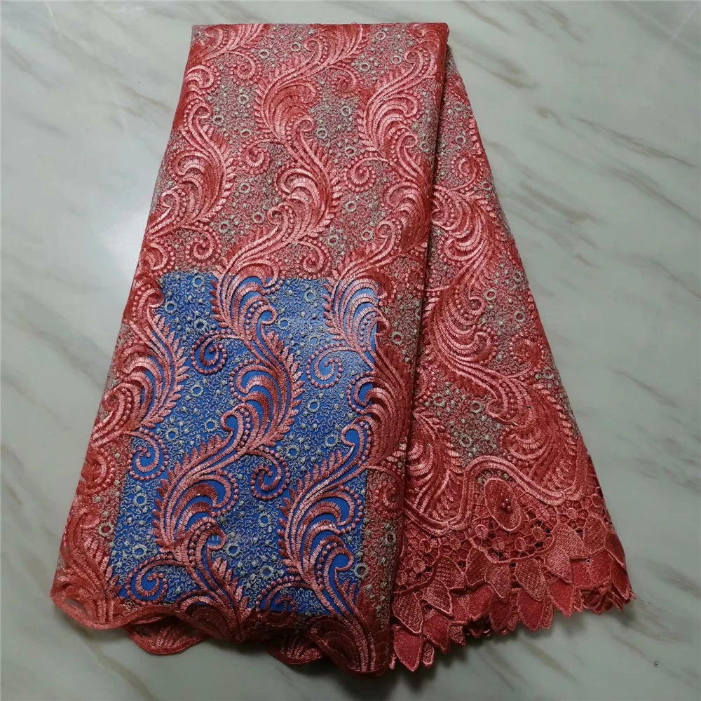 

french lace African tulle fabric with guipure cord lace fabric edges lots of stones high quality 5 yards
