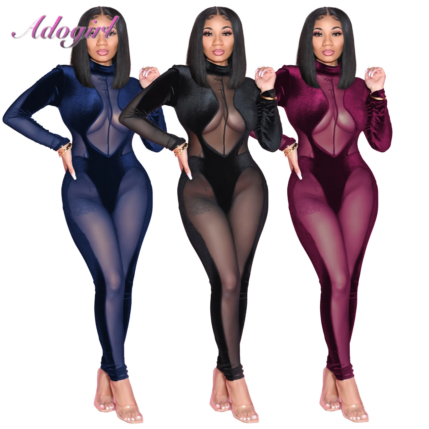 Sexy Velvet Patchwork Sheer Mesh See Through Party Clubwear Jumpsuit Women Autumn Long Sleeve Outfit One Piece Rompers Overalls |