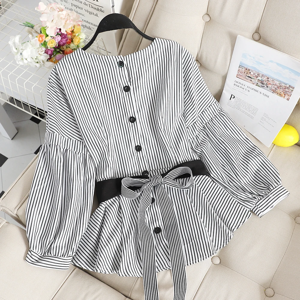 SINGRAIN White Office Lady Blouse Elegant Lantern Sleeves V-Neck Bow Blouse Autumn Sexy Women Striped Tops Blouse