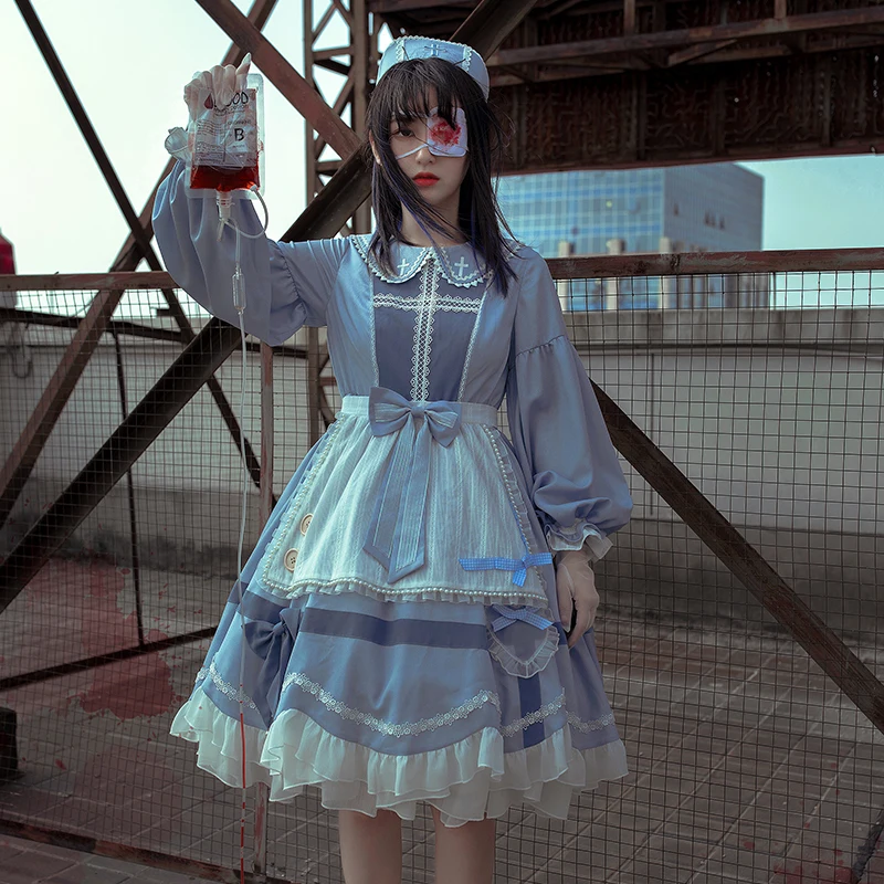 

Lolita Set Op With Apron Long Seeve Sky Blue Spring New Peter Pa Collar Bow Lace Women Dresses Sweet Girls Gothic Cosplay Kawaii