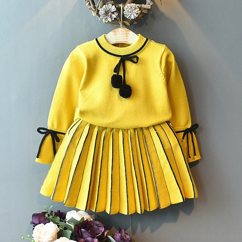Cute 2019 Autumn Baby Girl Casual Outfits Set Long Sleeve Cotton Blouse Sweater Short Striped Skirts | Мать и ребенок