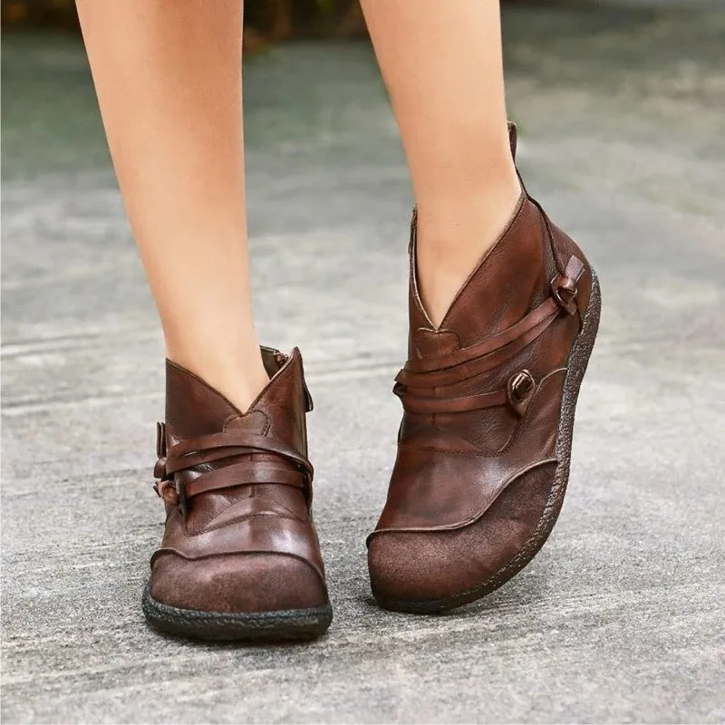 

LOOZYKITAnkle Boots Women Retro Soft PU Leather Flats Shoes Casual Buckle Zipper Round Toe Short Boots mujer zapatos 2019