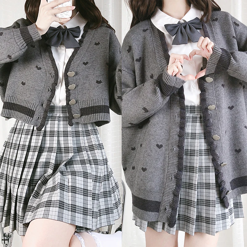 

Japanese Mori Girl Preppy Style Lolita JK Sweater Autumn Winter Gray Heart pattern V-neck Cardigan Coat Knitwear