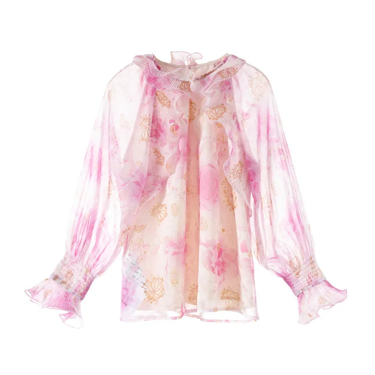 Модная женская розовая шифоновая блузка с цветочным принтом и оборками с длинными рукавами Осенние Топы и рубашки
