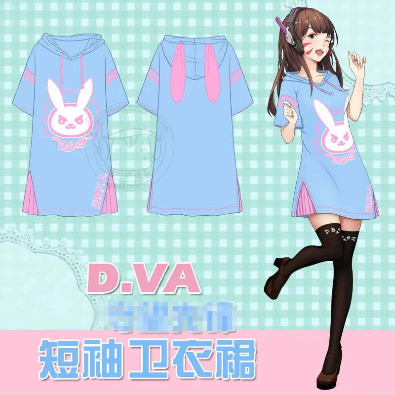 Summer Harajuku Women Casual Hooded Dress D.VA Cosplay Rabbit Ears Hoodie Sweatshirt Long Hoodies Dress Beach Short Mini Dress