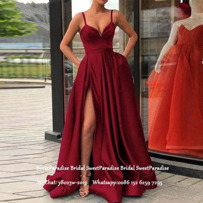 

Burgundy Side Split Prom Dresses For Women Spaghetti Strap Pleat A Line Formal Evening Dress Robe De Soiree