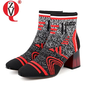 

ZVQ fashion woman ankle boots spring autumn geometric pattern knitted wool stretch boots 6.5cm high heels women's shoes 33-40CN