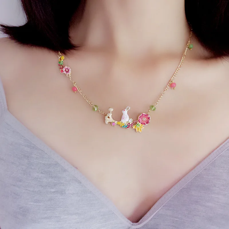 

Accessories Elegant Processing Enamel Alice Rabbit Flower Glass Diamond Set Gold-plated Necklace Choker Women's A- 1693