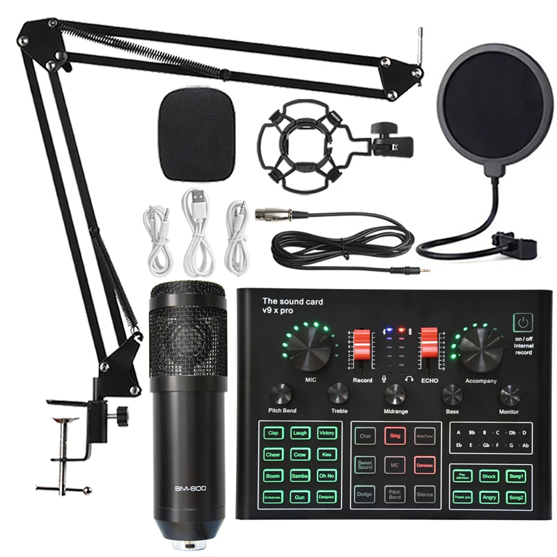 BM 800 Condenser Microphone Sound Card V9XPRO with Ring Fill Light Cantilever Bracket Bluetooth Wireless Live Streaming Kit MIC 