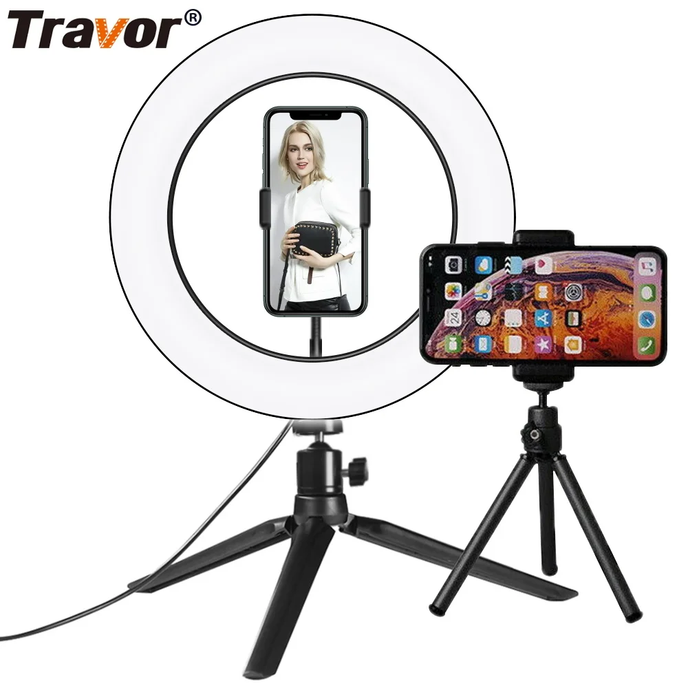 

Travor 10 Inch LED Ring Light Dimmable Ring Lamp LED Desktop Ring Light with 2 Tripod For Makeup Video Live Studio Photography