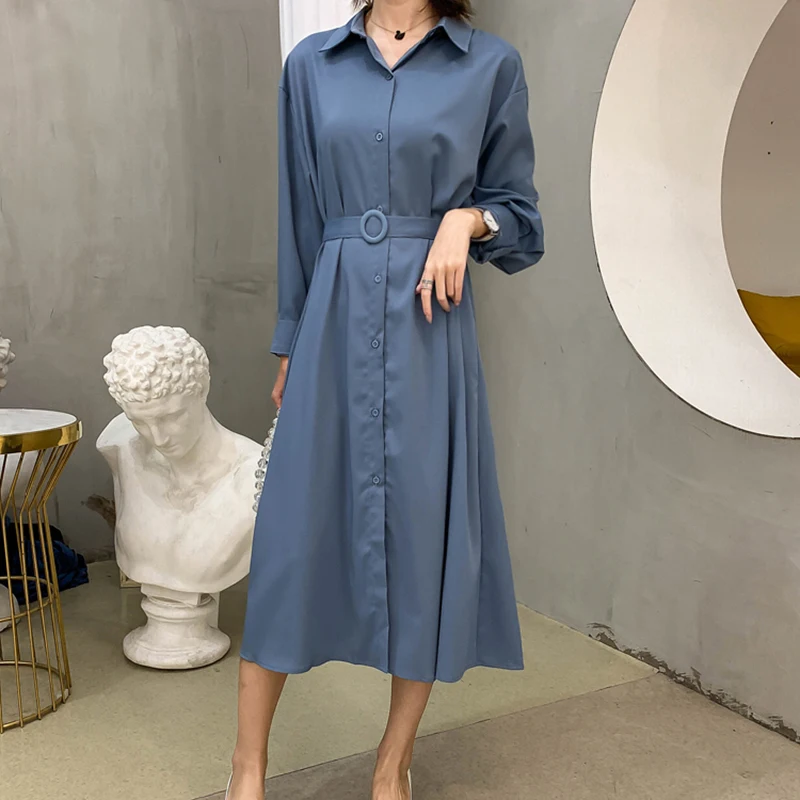 

Elegant Blue Button Belt Shirt Dress For Women 2019 Autumn Winter Long Sleeve Turn-down Collar Vestidos Casual Loose Dress Femme