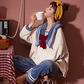 

New Autumn Winter Women Flannel Pajamas Set Cute Pyjama Femme Sleepwear Coral Fleece Thickened Warm Pijama Mujer Home Clothing